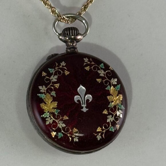 Antique 1906 Swiss Made .935 Silver Ladies Pocket Colorful Floral Enamel Watch - Picture 7 of 8